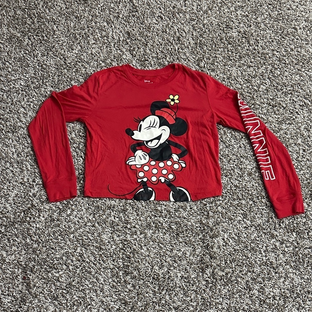Disney Minnie Mouse Long Sleeve Pullover Cropped Shirt Womens Red Small